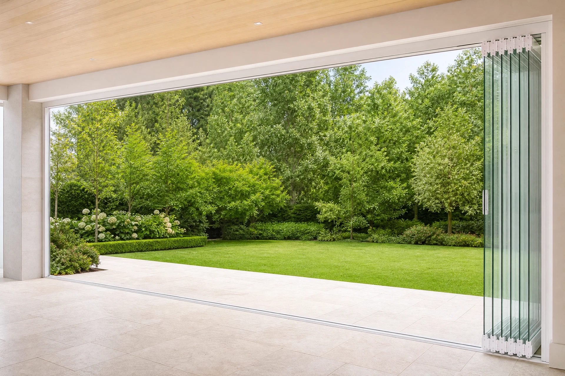 Every clear Glass System panel stacked at the right side of an opening with white tracks